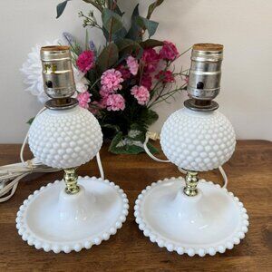Pair of Hobnail Milk Glass Lamps Mid-Century Bedside Table Lamps Cottagecore MCM